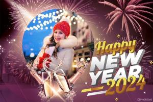 Red background new year photo frame 2024 with ornaments