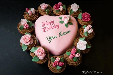 Romantic Flower Heart Birthday Cake By Name Edit