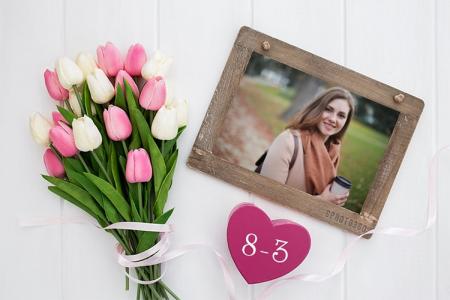 Wooden photo frame to congratulate 8 March