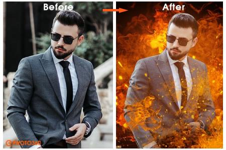 Create photo collage effect on the flaming background
