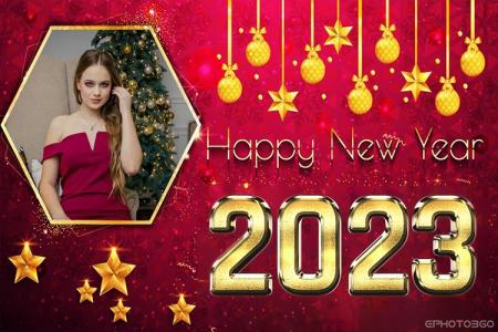 Red background new year photo frame 2023 with ornaments