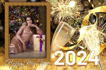 Collage luxury golden new year 2024 photo frames