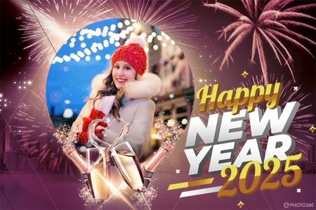 Firework new year 2025 greeting cards with photo frame