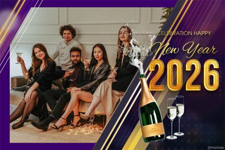 Happy New Year 2026 Party Champagne Photo Frame