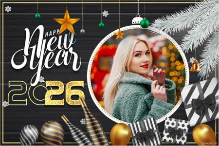 Modern black gold New Year 2026 photo frame
