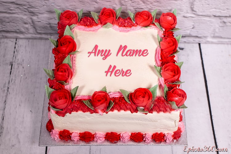 Write Name on Red Rose Birthday Cake Images