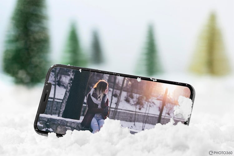 Collage photo on smartphone frame on snow background