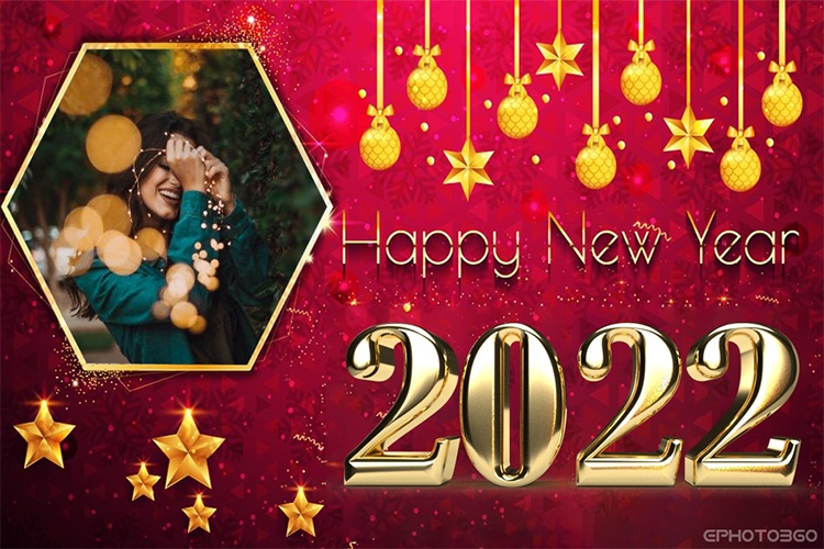 Red background new year photo frame 2022 with ornaments