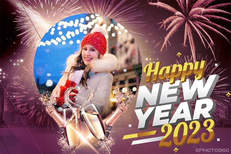 Firework new year 2023 greeting cards with photo frame