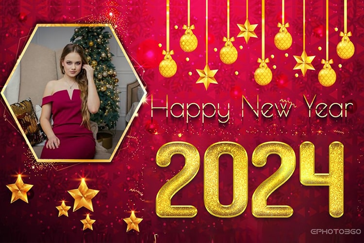 Red background new year photo frame 2024 with ornaments