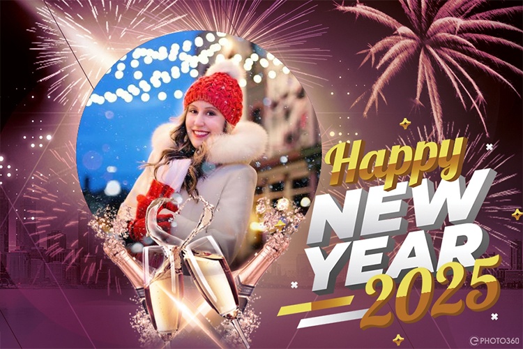 Firework new year 2025 greeting cards with photo frame