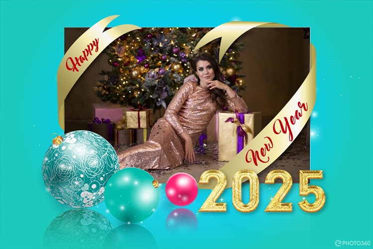 Online New year 2025 photo frame with balls for your ecard