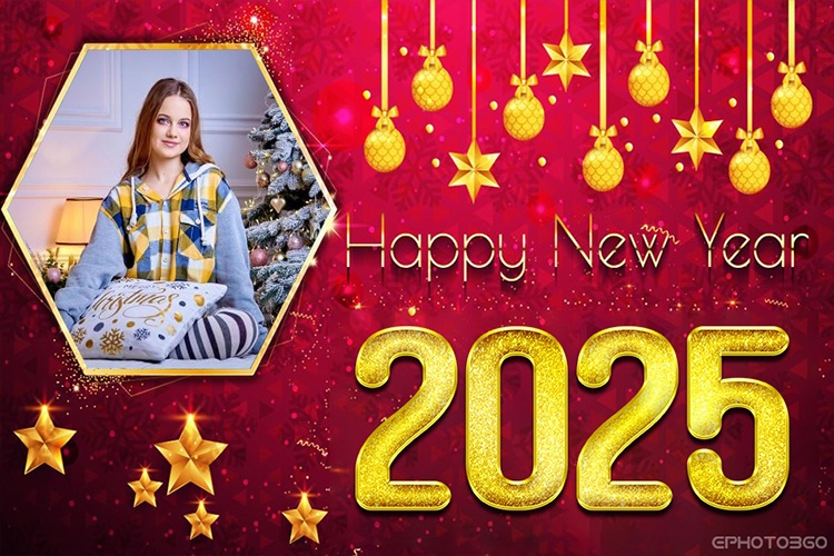 Red background new year photo frame 2025 with ornaments